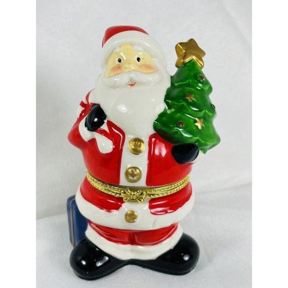 Santa Carrying Tree Porcelain Christmas Trinket Box Hinged Gold Accents - Picture 1 of 11